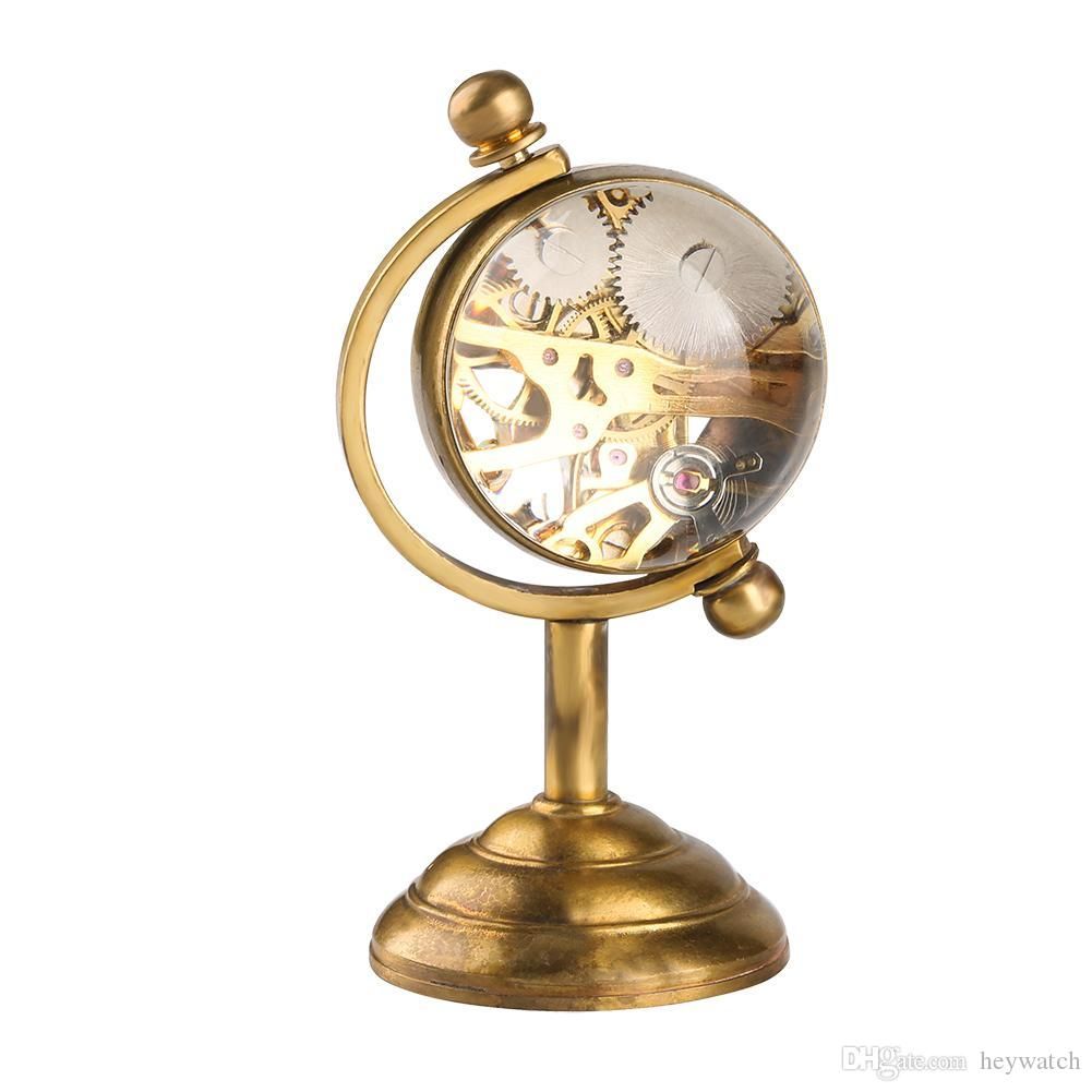 Spinning Globe Gold Pocket Watch Creative Home Decoration Copper Table Clock Hand Winding Movement For Men Women Friends