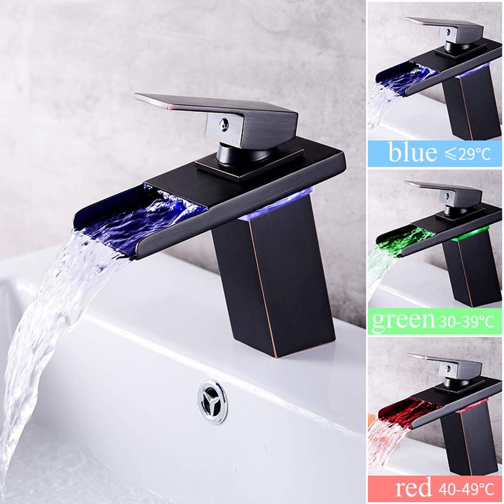 Led Waterfall Bathroom Sink Faucet Temperature Sensor Hydroelectric Power Single Handle Washroom Basin Mixer Tap Black Tap