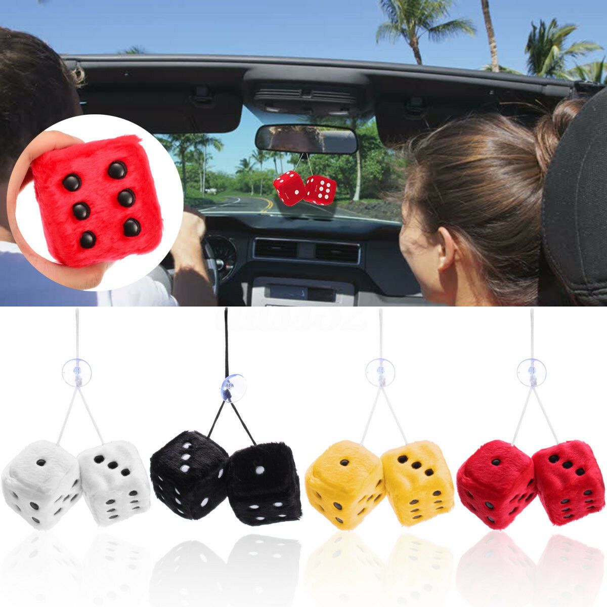 Colors Fuzzy Dice Car Mirror Hanging String Premium Large Fuzzy Plush