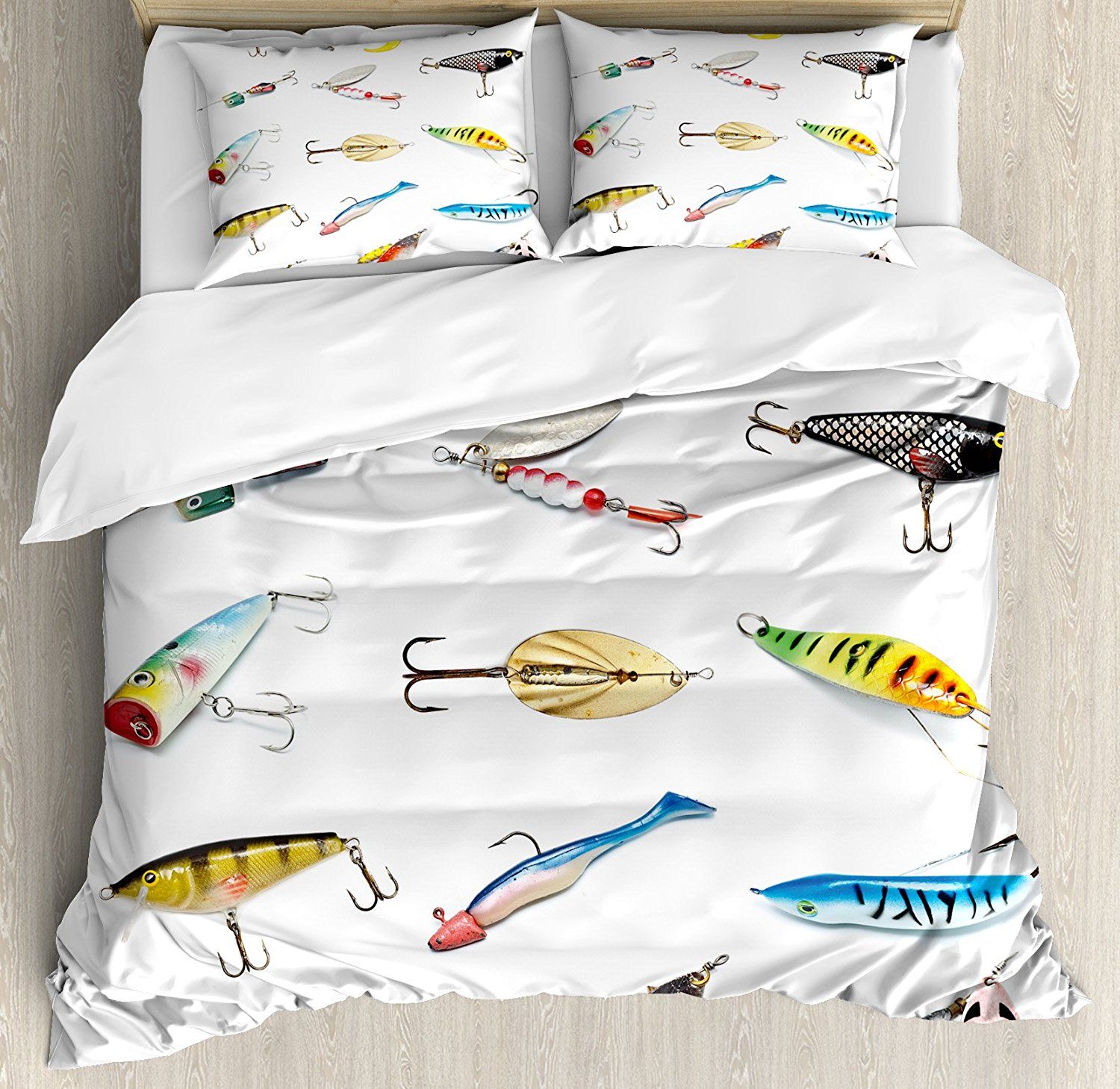 Fishing Decor Duvet Cover Set Several Fish Hook Equipment Trolling Angling Netting Gathering Activity 4 Piece Bedding