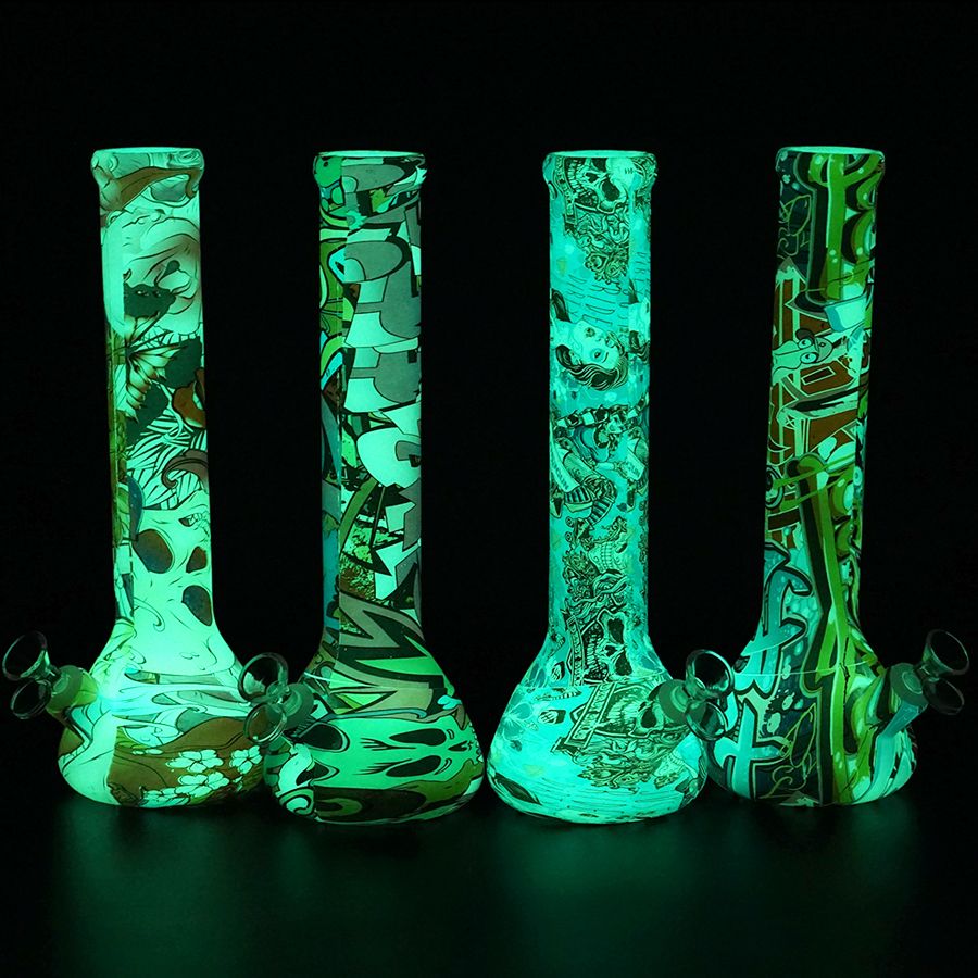 2020 Glow In The Dark Skull Alien Printed Beaker Base Water Pipes