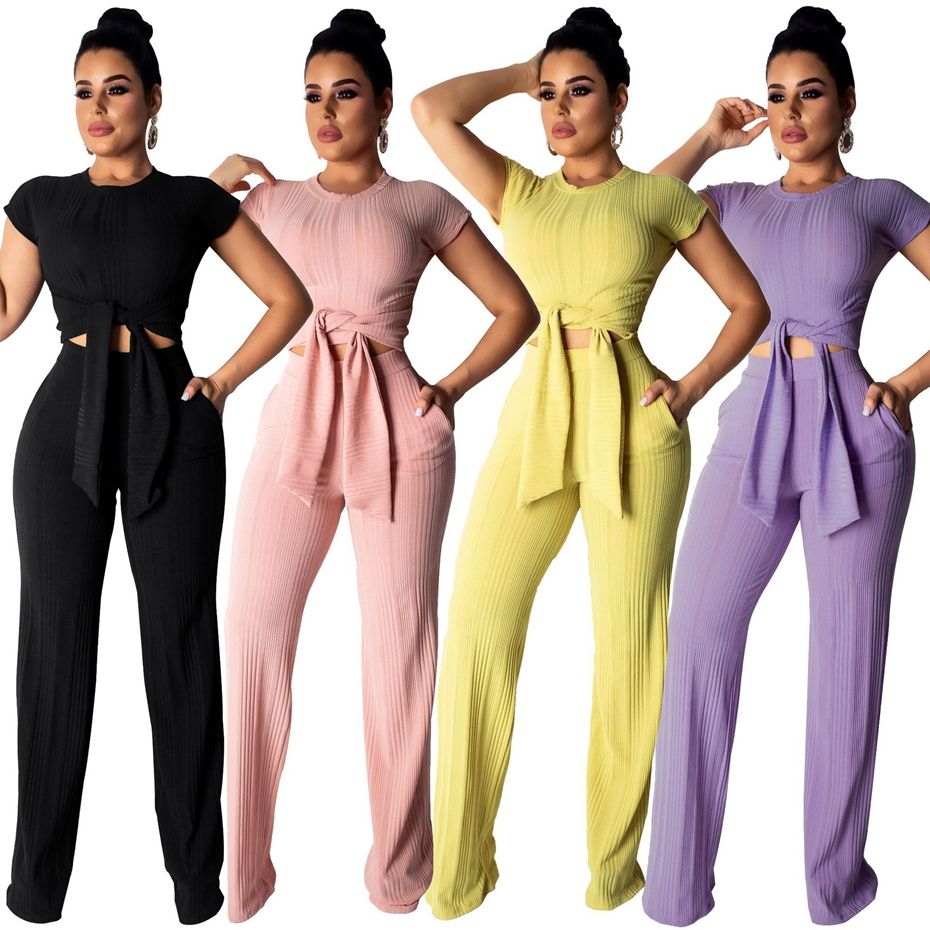 2019 Wholesale Women Rib Two Piece Pants Sets Slim Short Sleeve Crop ...