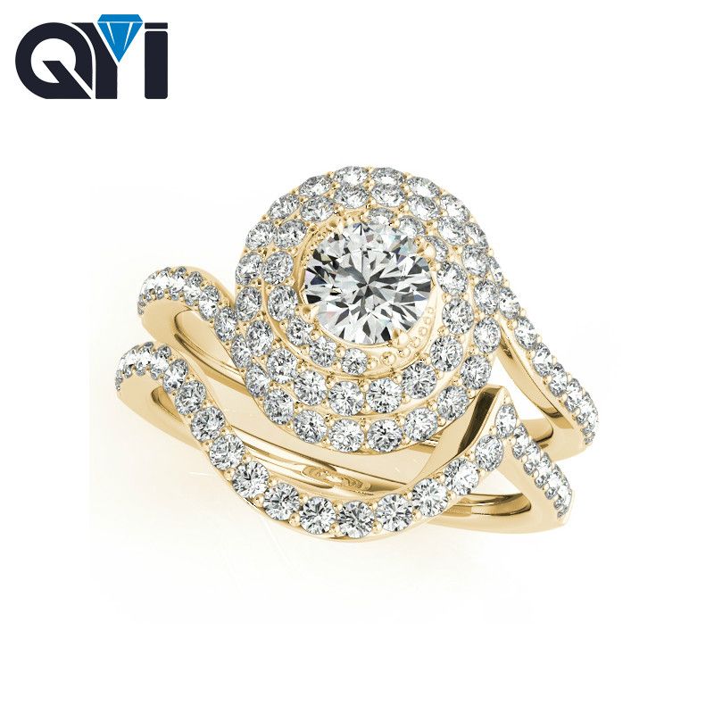 2019 Qyi Unique Design 10k Yellow Gold Halo Ring Sets1ct Round Cut