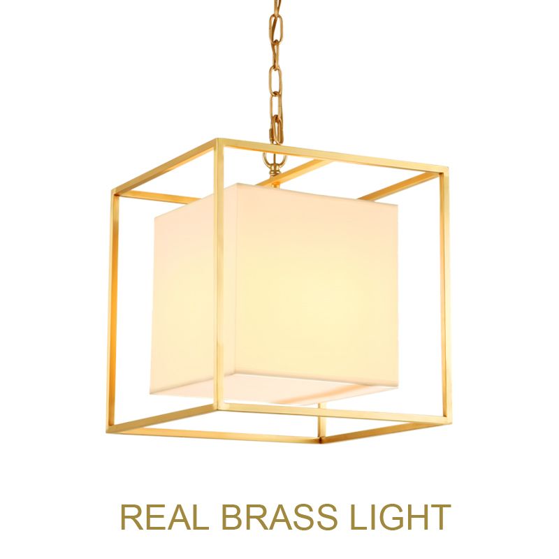 European American Golden Square Cube Copper Brass Led Pendant Lamp Light Fabric Frame Modern Hanging Chain