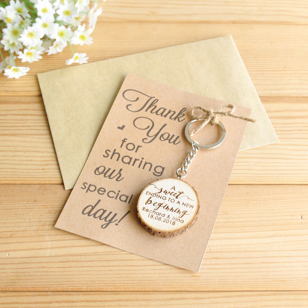 Personalized Wooden Keychain Key Ring Custom Wedding Favours Thank