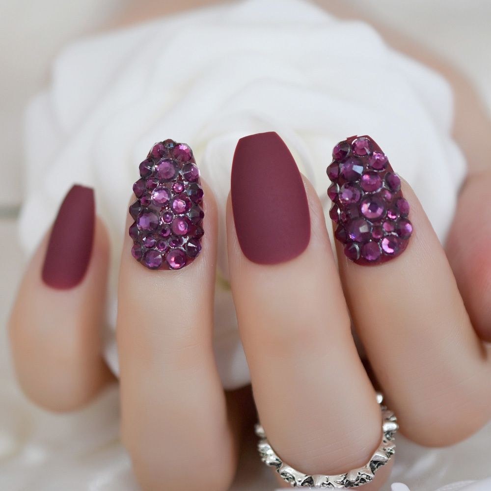 2019 Diamond Coffin Nails Set Crystal Press On Matte Marvel Red Medium False Nails Custom