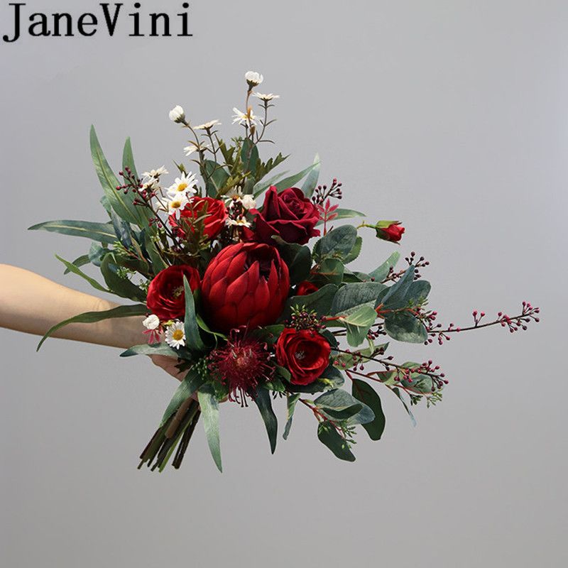 Janevini Red Emperor Flower Burgundy Peony Roses Wedding Bouquet Fleur Mariage Vintage Bride Artificial Bunch Of Flowers Bridal Bouquets