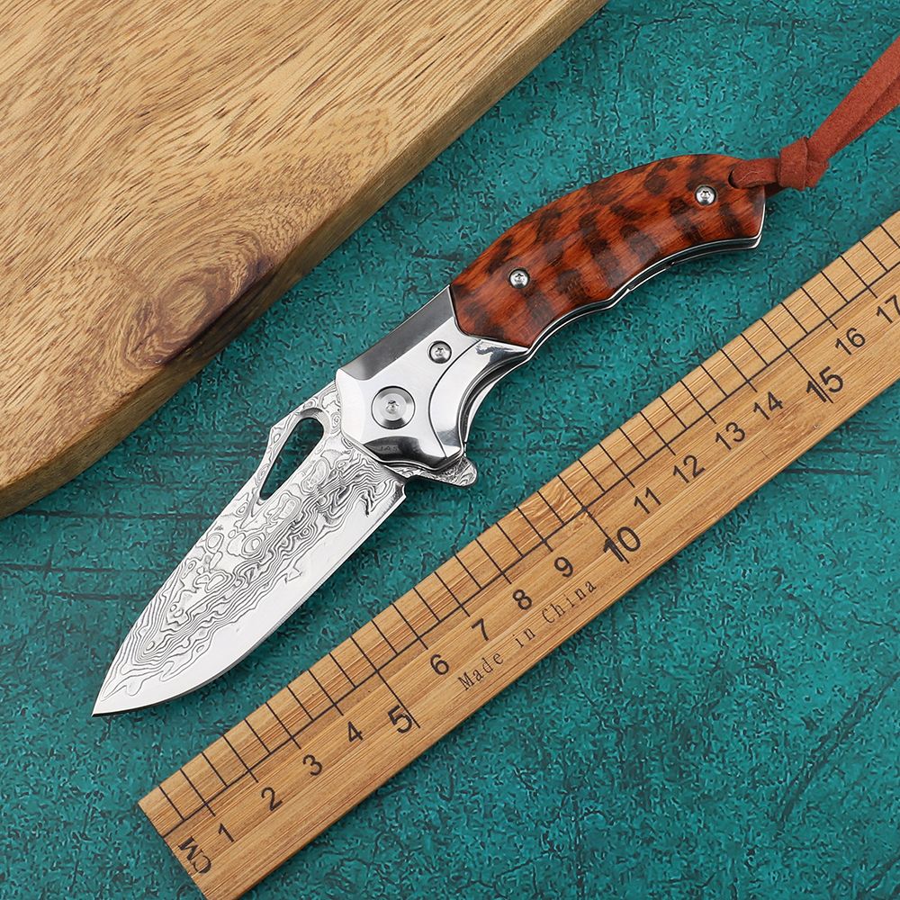 Damascus Steel Snake Shaped Wooden Handle Folding Knife Portable