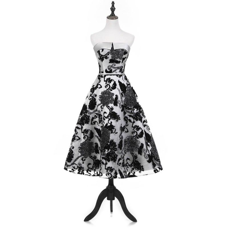 Strapless Tea Length Lace Party Dress