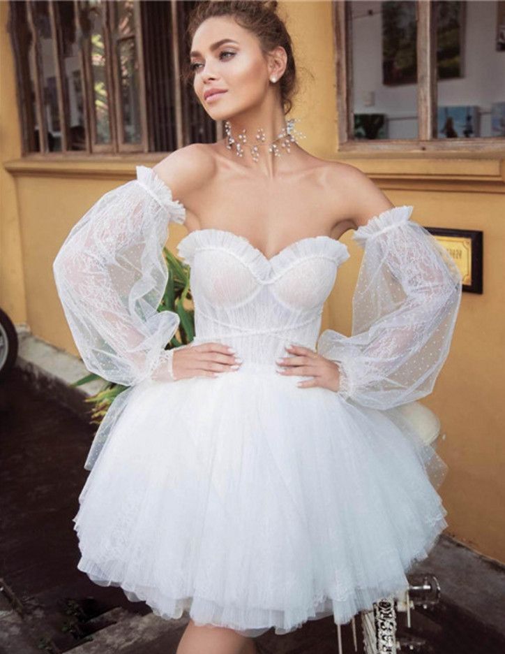 DiscountBoho Short Wedding Dresses With Detachable Long Sleeves 2020