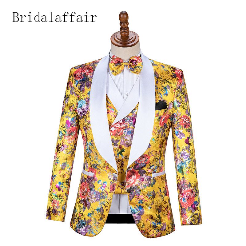 2019 Bridalaffair Mens Corlorful Flower Jacquard Fancy Gold Wedding