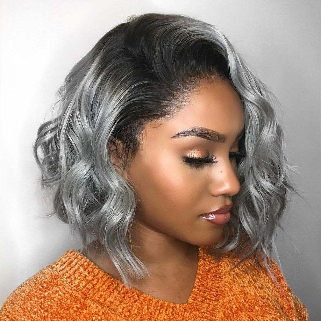 Full Lace Human Hair Wig Wavy Ombre T1b/Grey Short Wave Pre Plucked