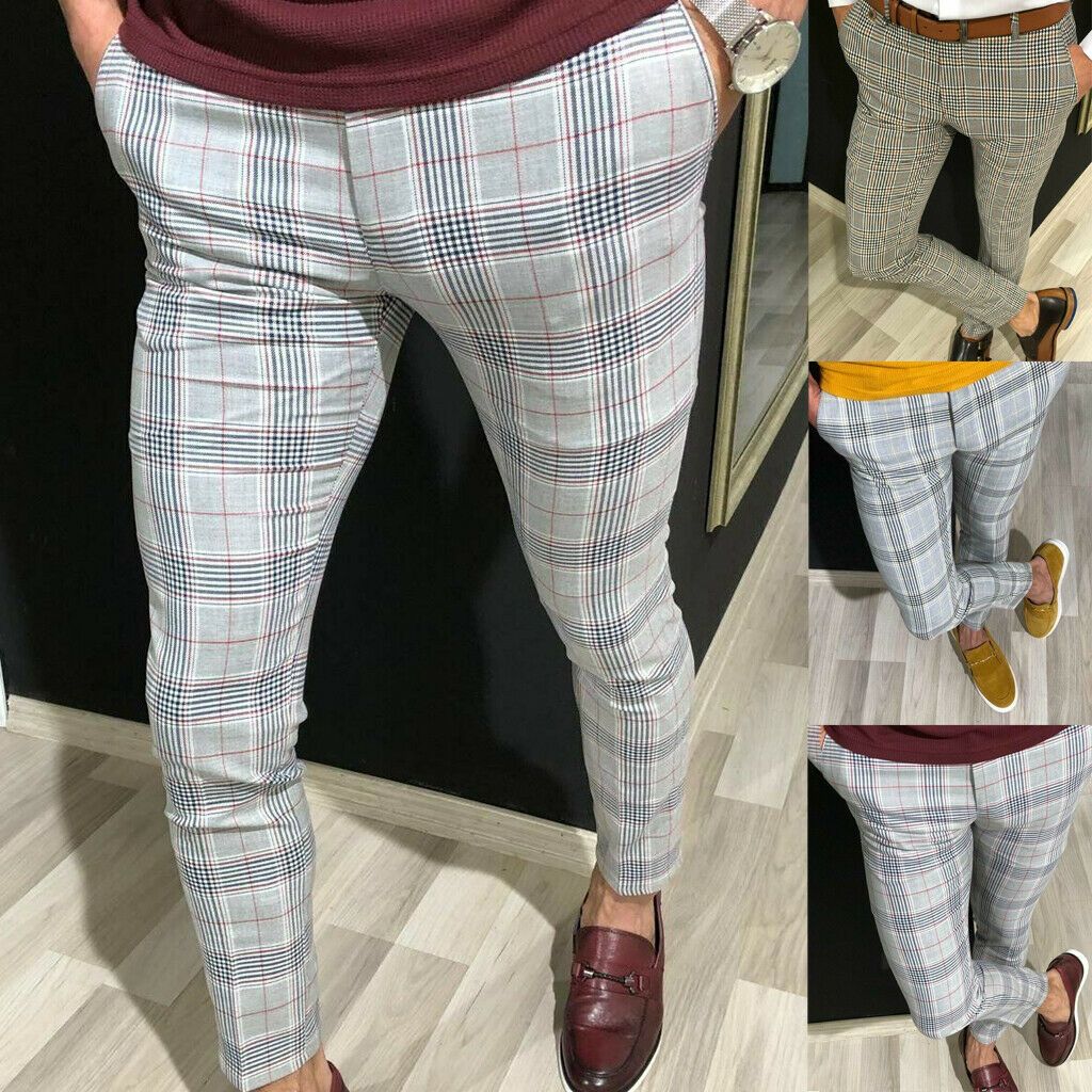 2021 Men'S Checked Trousers Formal Office Trousers Business Dress Pants ...