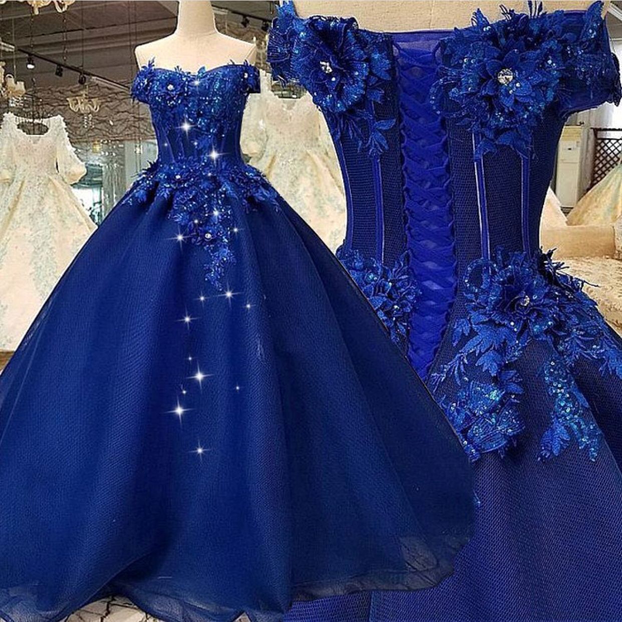 Royal Blue 2019 Quinceanera Ball Gown Prom Dresses Long 3D Floral