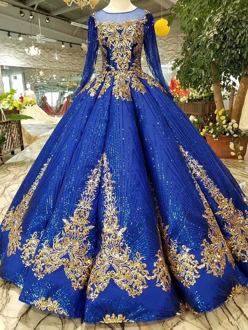 Royal Blue Gold Lace Appliqued Long Sleeve A Line Wedding Dresses
