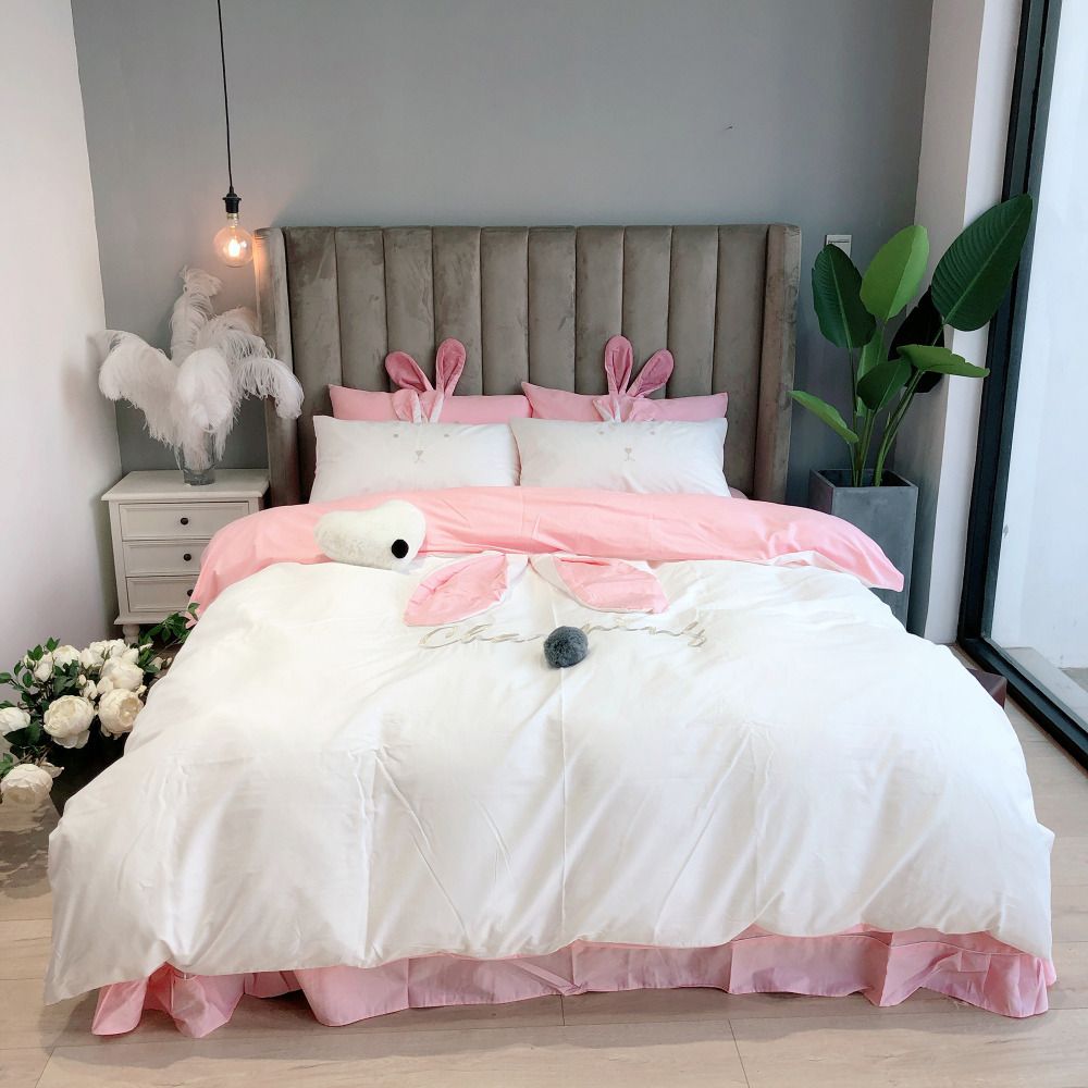 Rabbit Ears Cute Bedding Set Twin Queen King Size Cotton Duvet Cover Bed Sheets Pillow Case Kawaii Pink White Home Textiles