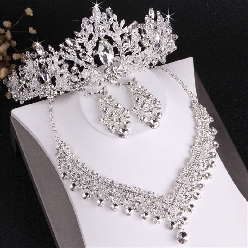 Bride Wedding Crown Necklace Earrings Three Piece Set Designer White Crystal Jewelry Set