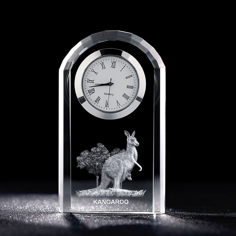 Europe Handmade 3d Laser Engraved Kangaroo Digital Needle Crystal Table Clock For Present Gifts Customized Logo