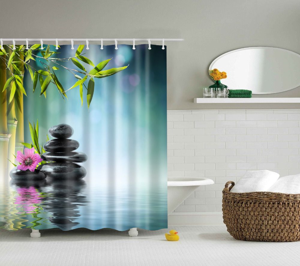 Bathroom Fabric Shower Curtain Include 12 Hooks Set Water Resistant Decor