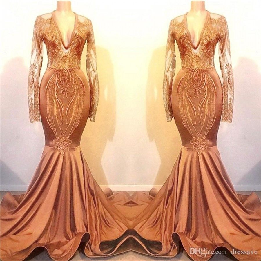 Orange Lace Appliques Long Sleeves Prom Party Dresses Mermaid Evening