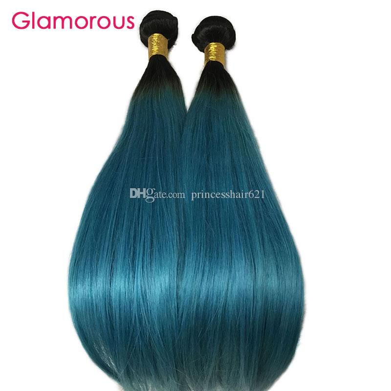 Glamorous Human Hair Weft Dark Root Turquoise Two Tones Ombre Hair 3