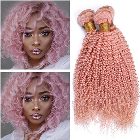 Light Pink Kinky Curly Virgin Peruvian Human Hair Bundles Mixed Length