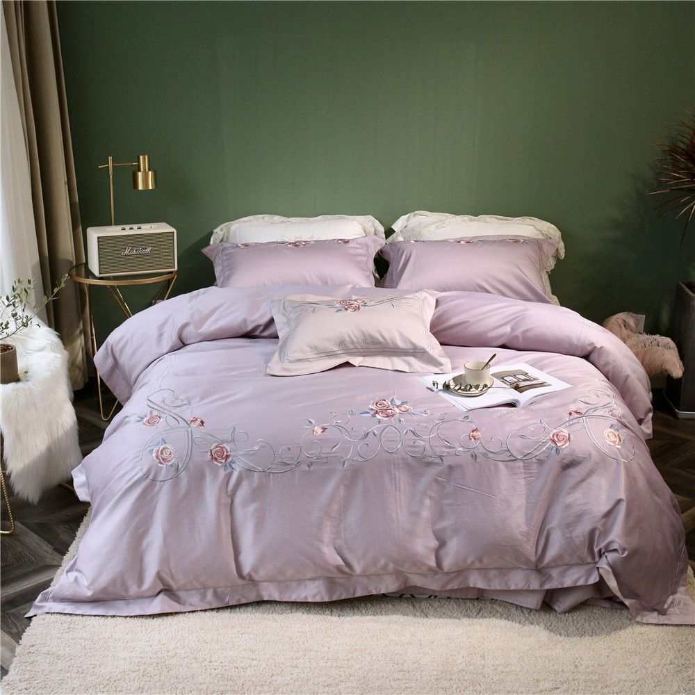 100 Cotton Bed Linen 60s Sateen Bedding Sets Queen King Size Flowers Embroidery Duvet Cover Set Tribute Silk Sheets