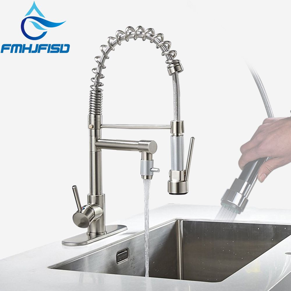 Brushed Nickel Chrome Kitchen Faucet Double Sprayer Vessel Sink Mixer Tap Deck Mounted Single Hole