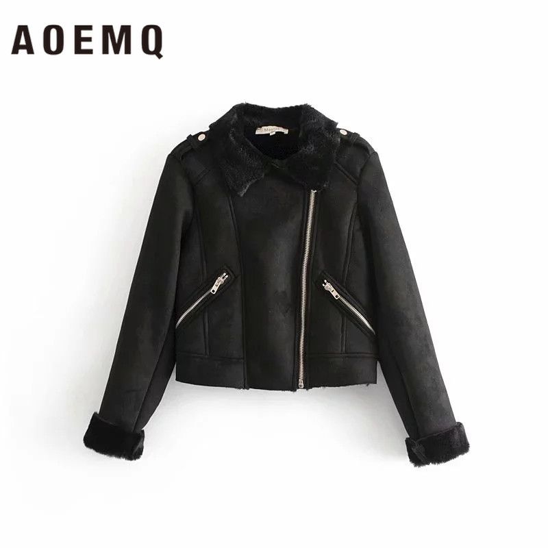 Aoemq Lapel Zipper Warm Thick Stitching Machine Car Lamb Hair Plus Aoemq Lapel Zipper Warm Thick Stitching Machine Car Lamb Hair Plus Velvet Long Sleeve Loose Wild Straight Las Jacket Kids Leather Jackets