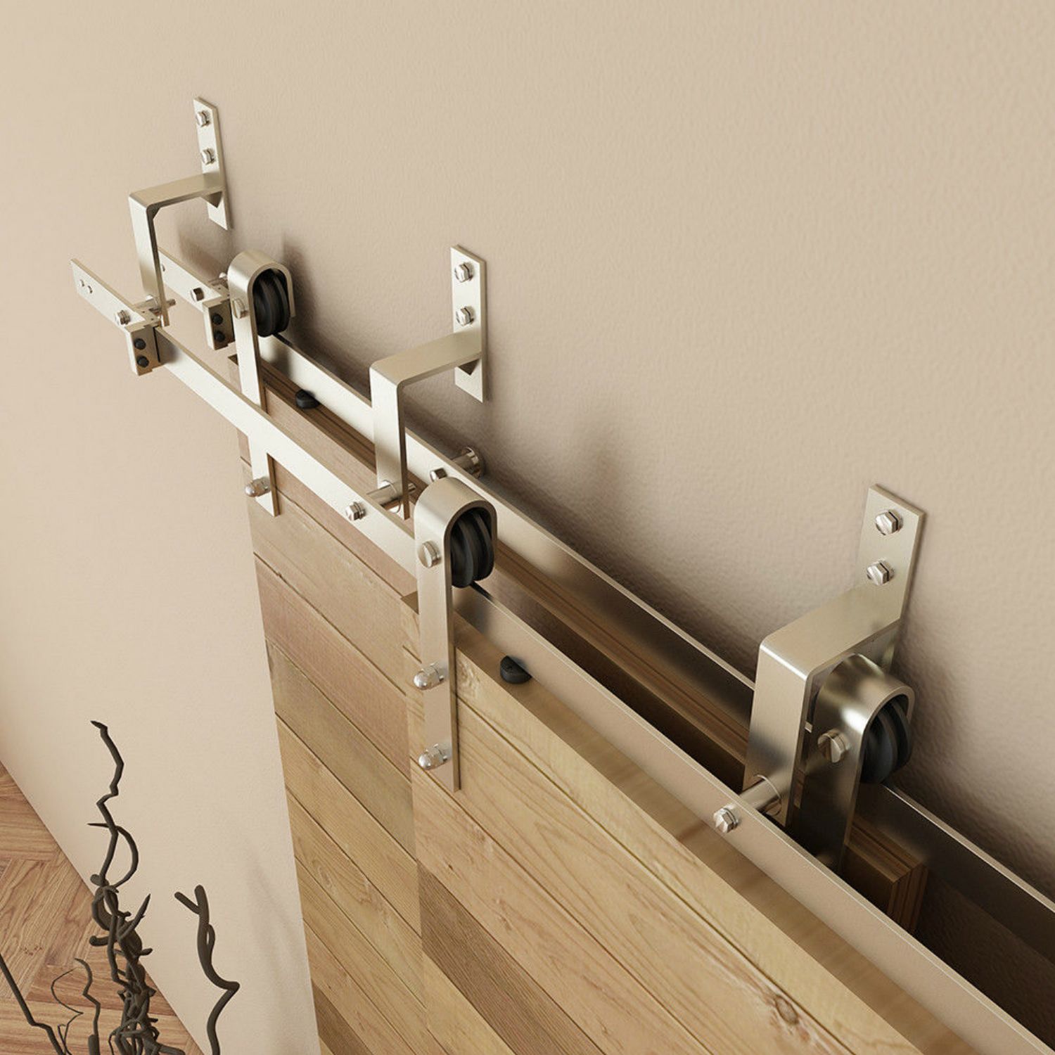 5 8ft Brushed Nickel Steel Bypass Wood Barn Door Hardware One Piece Wall Mount Pantry Sliding Track Roller Set Kit