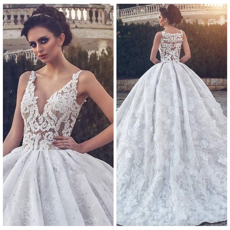 2019 V Neck Lace Appliques Ball Gown Wedding Dresses ...