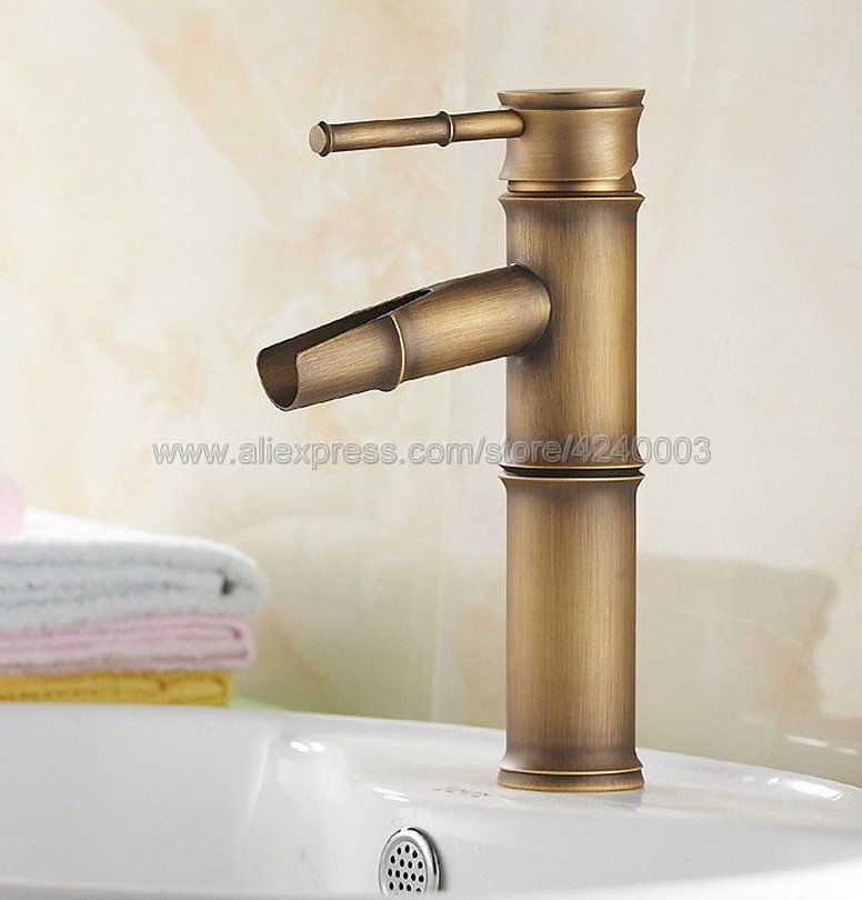 Antique Brass Waterfall Bathroom Sink Faucet Vessel Bamboo Single Hole Water Tap Mixer Knf037