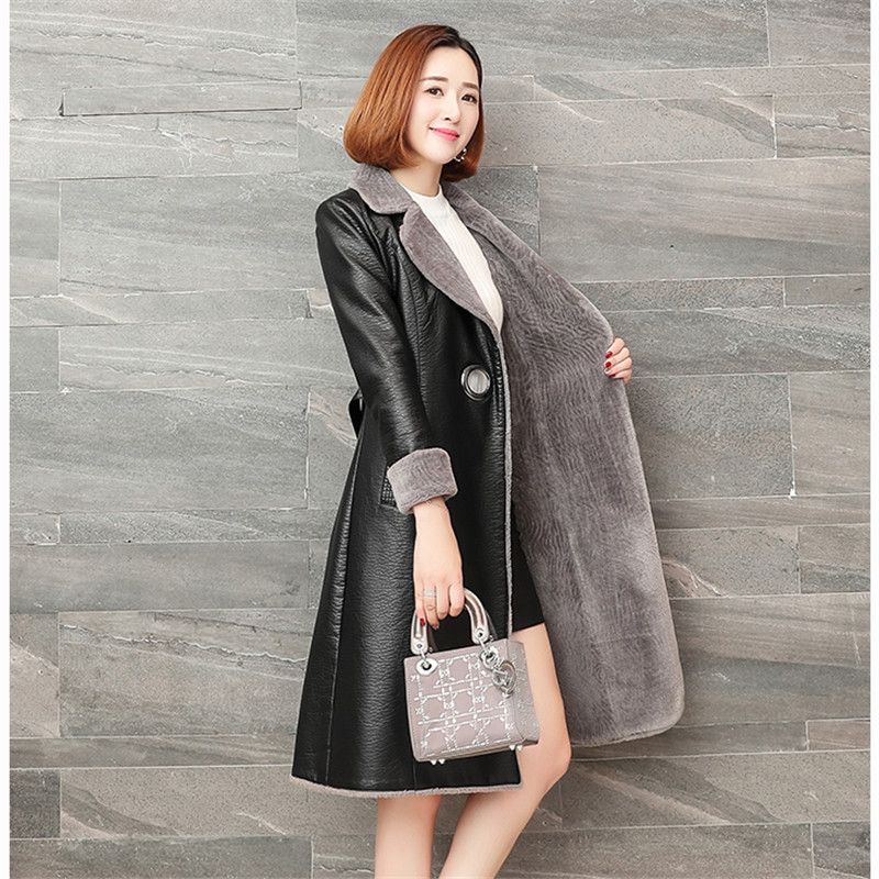 2019 New Winter Women Leather Jacket Coats Slim Lambskin Warm Plus Size 4xl High Quality Long Coat Overcoat A7