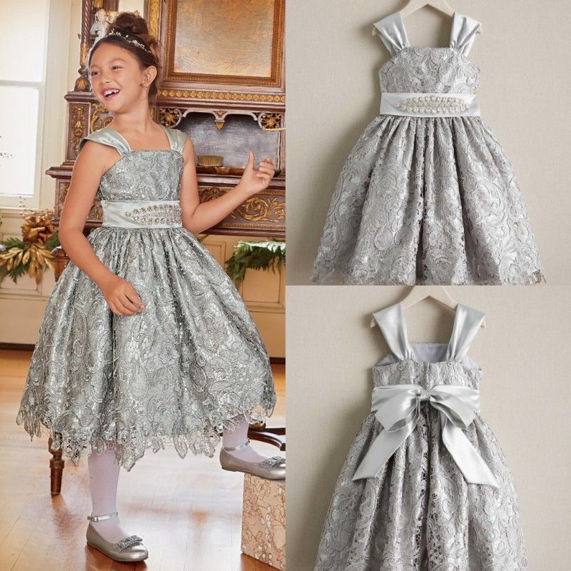 Gray Lace Tea Length Dress