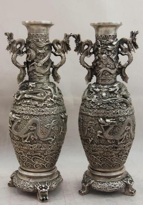 China White Copper Silver Feng Shui God Animal Dragon Play Bead Pot Vase Pair - 