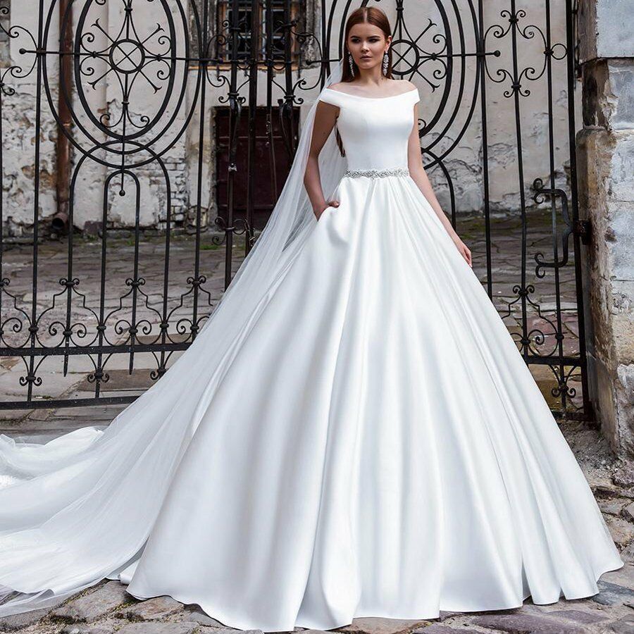 Discount White Satin Wedding Dresses A Line Beads Sash Bridal Gowns ...