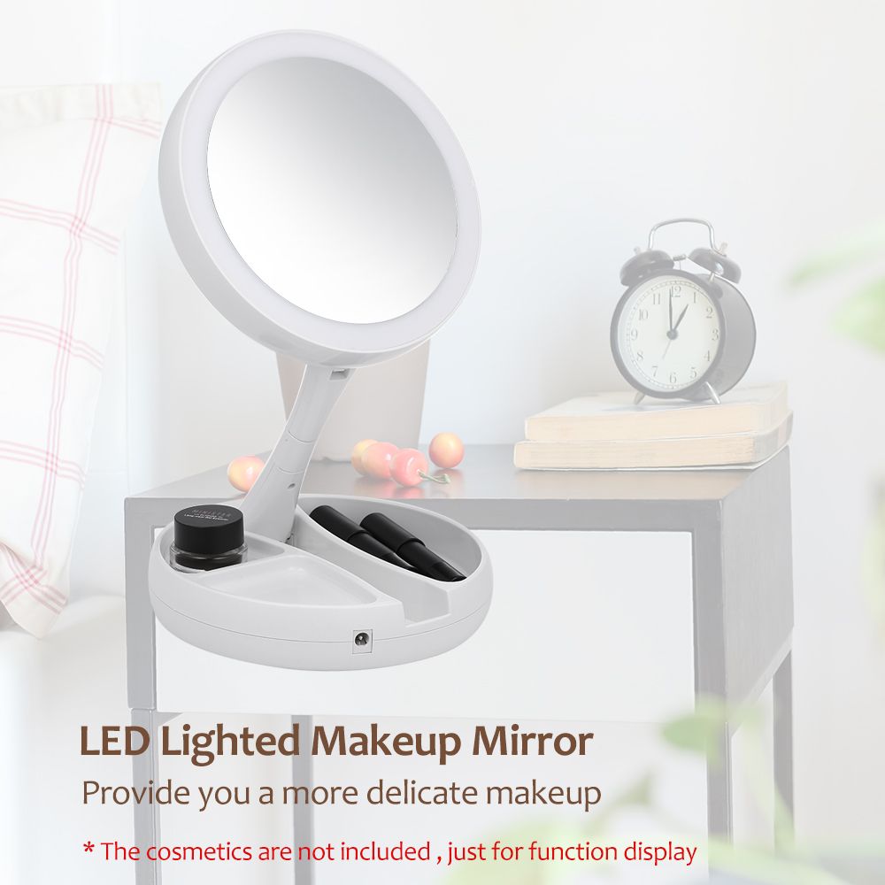 A Mirror Led Lighted Makeup Adjustable Stand Desk Tri Fold With Storage Box Organizer 10x Magnifying Gifts