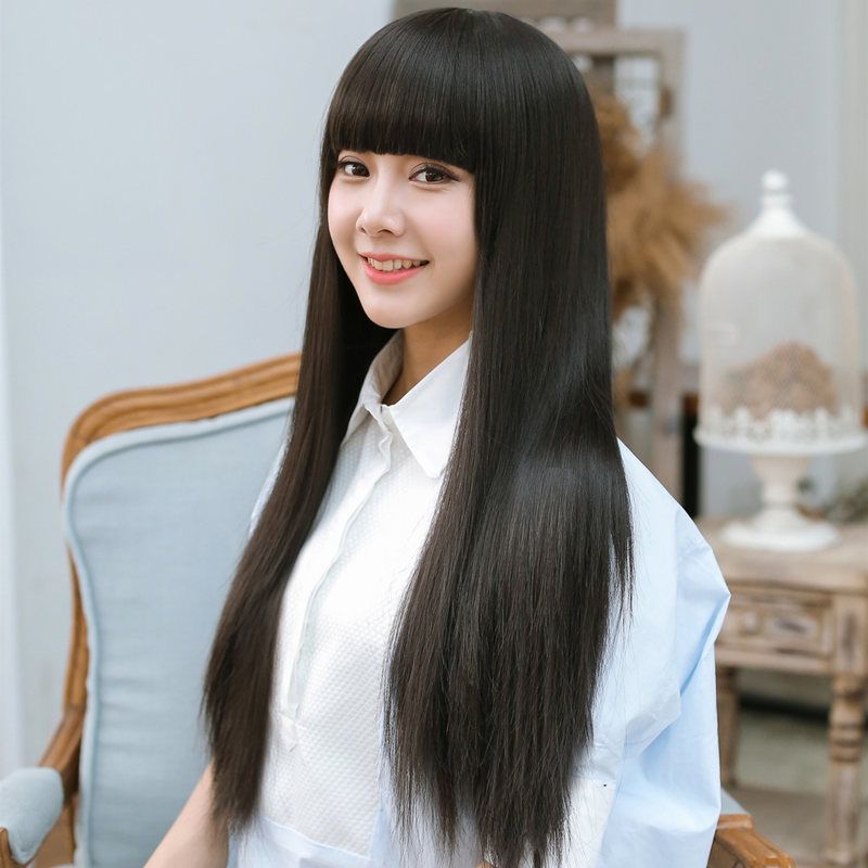 Wig Girl Straight Hair Bangs Black Korean Wig Cover High