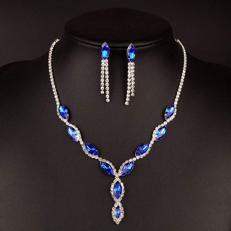 Wedding Jewelry Set Navy Blue Crystal Necklace Earrings