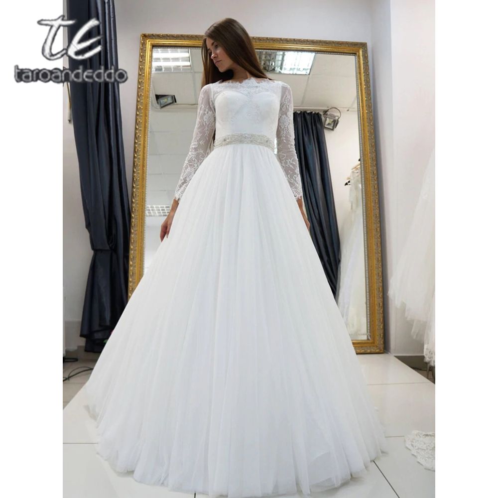 Discount Boat Neck Wedding Dresses A Line Key Hole Back Long Sleeve