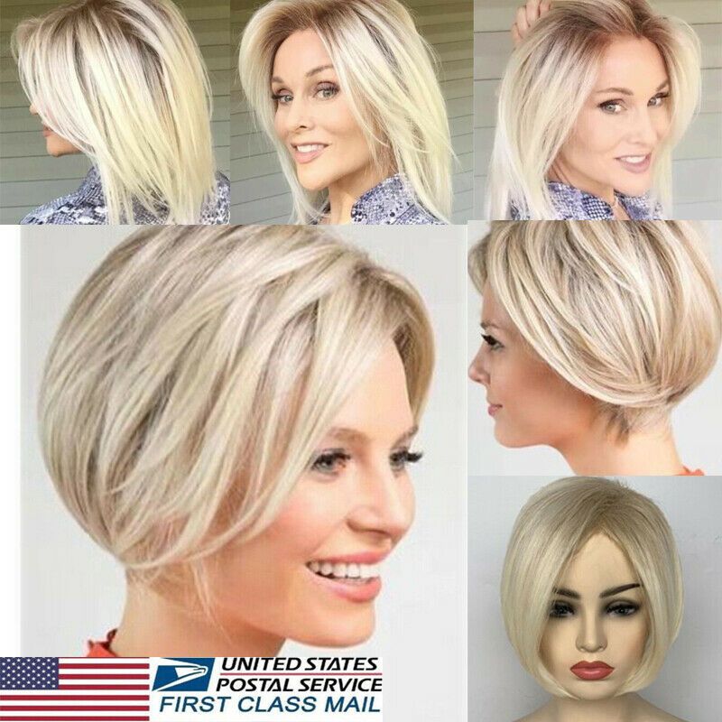 Fashion Women Short Straight Bob Hairstyle Blonde Highlights