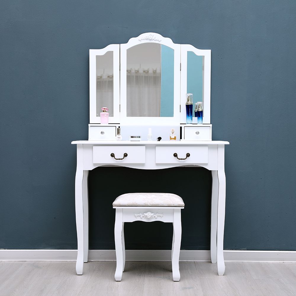 White Tri Folding Mirror Vanity Makeup Table Stool Set Home Desk Dresser With 4 Drawers