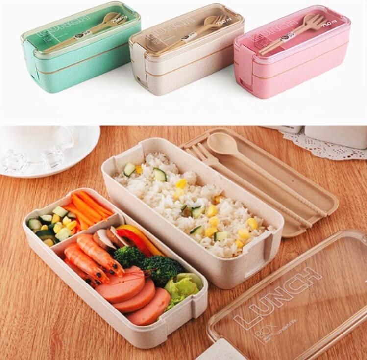 750ml Healthy Material 2 Layer Lunch Box Wheat Straw Bento Bo Microwave Dinnerware Food Storage Container Lunchbox