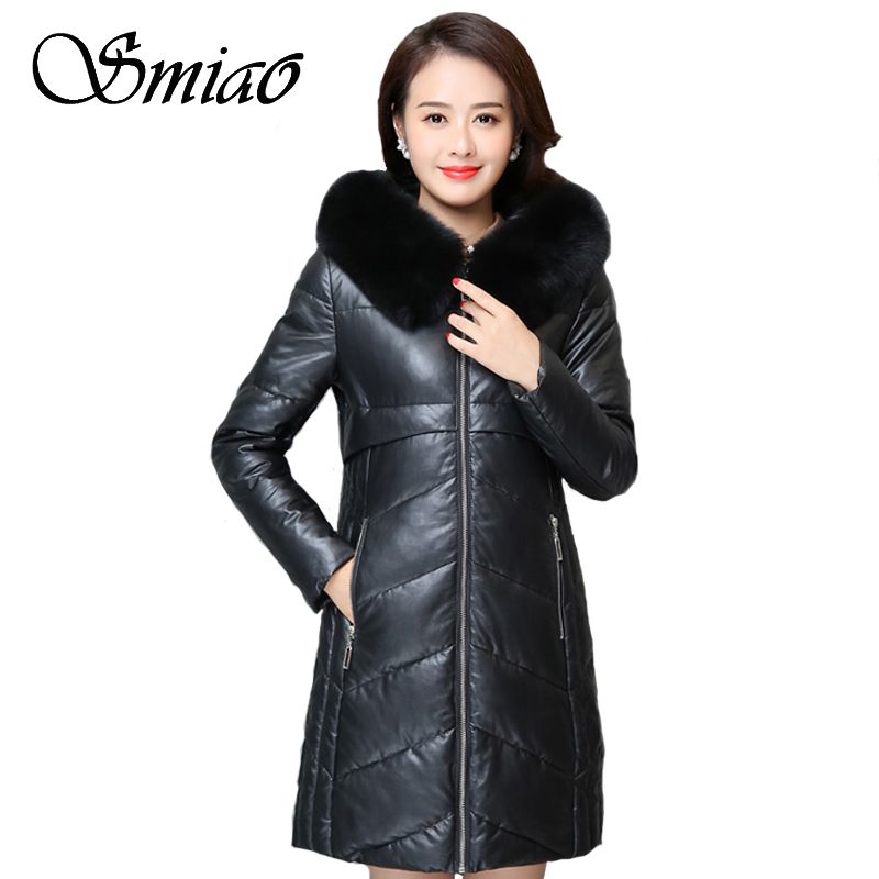Women Winter Leather Jacket Pu Long Parkas 2018 New Plus Size 6xl Las Fur Collar Hooded Cotton Padded Coat Female Outerwear