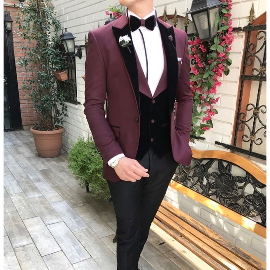 Burgundy Slim Fit One Button Mens Prom Suits Peaked Lapel Wedding Suits ...
