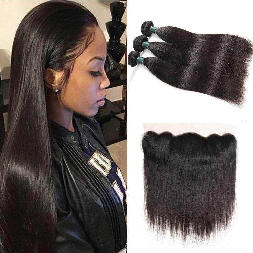 peruvian virgin hair straight 3 bundles 16 18 20 total with 13x4 ear to ear  lace frontal free part 14inch human hairs weave straight