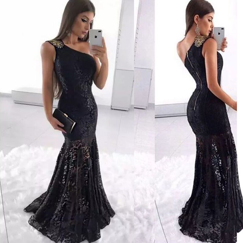 one shoulder lace insert slit bodycon dress