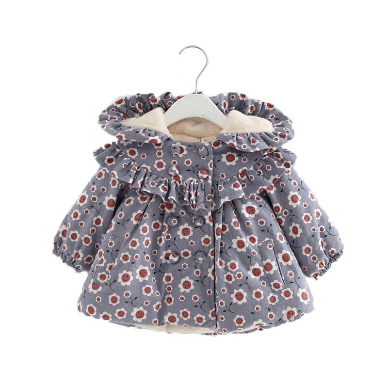 New Baby Winter Coat Heavy Coat With Hat Flower Cotton Padded Jacket
