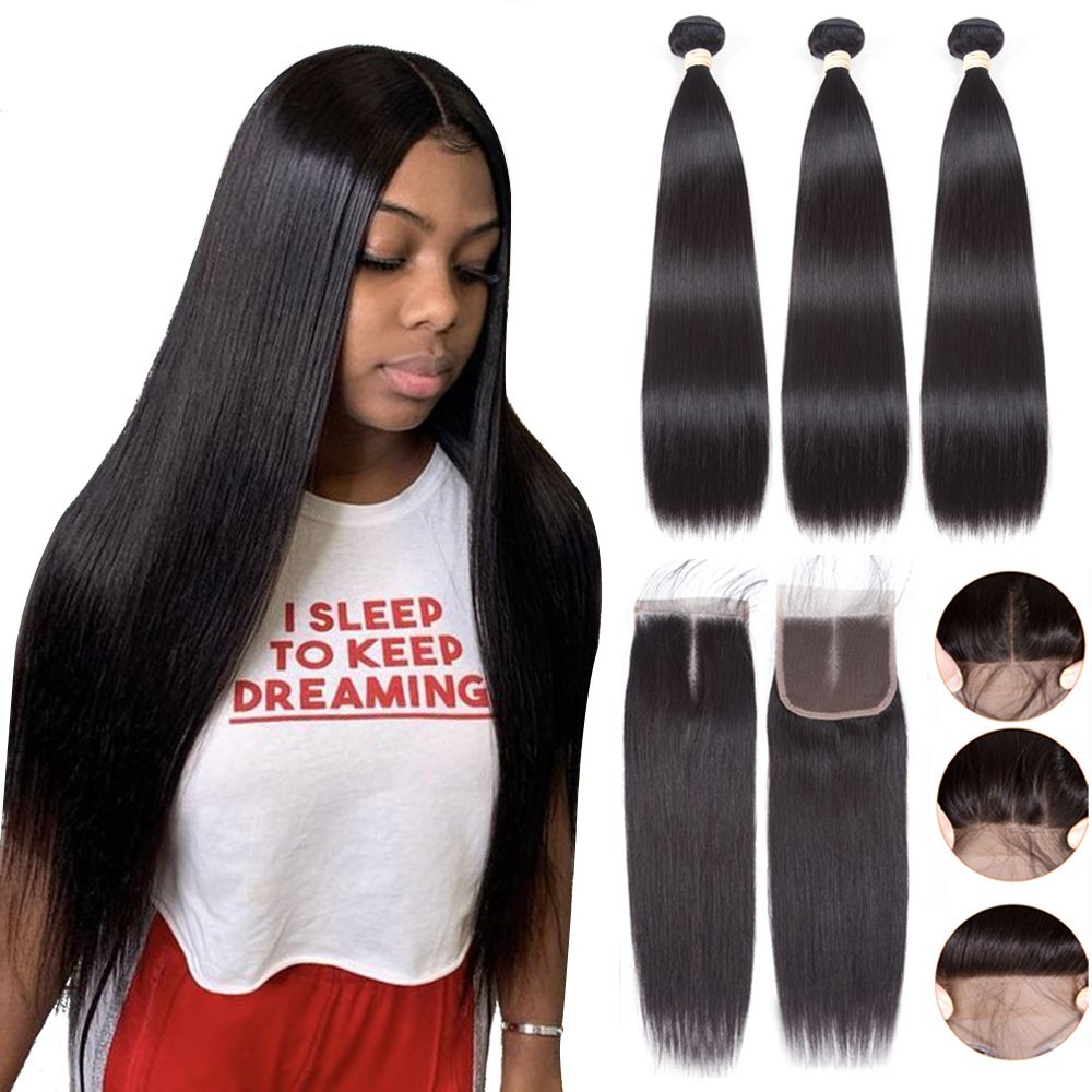 Straight Black Bundles With Closure Brazilian Hair Weave Bundles With