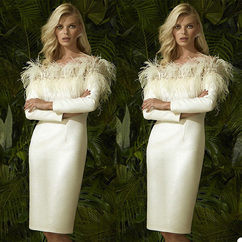 Carla Ruiz 2020 Feather Mother Of The Bride Dresses Off The Shoulder Beaded Knee Length Formal